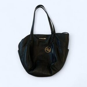 Michael Kors Black Leather Tote Bag with Signature Charm